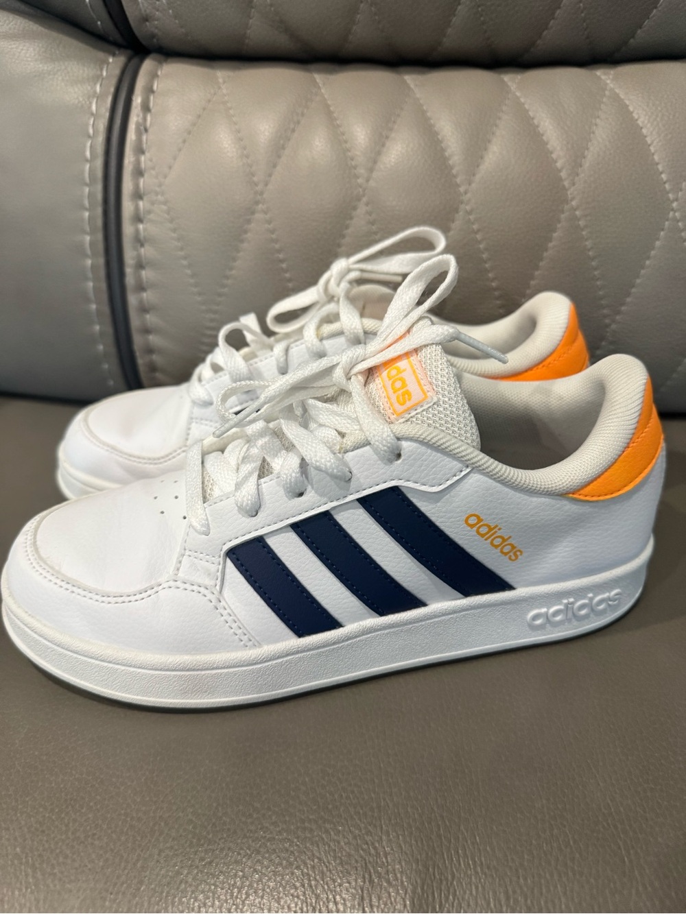 adidas Breaknet Shoes in a white, navy blue, and orange colorway size 5